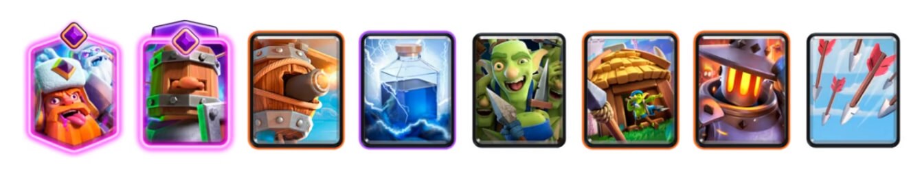⁠Clash Royale - Lumberjack Evolution, Royal Recruits Evolution, Flying Machine, Lightning, Goblin Gang, Goblin Hut, Furnace, and Arrows