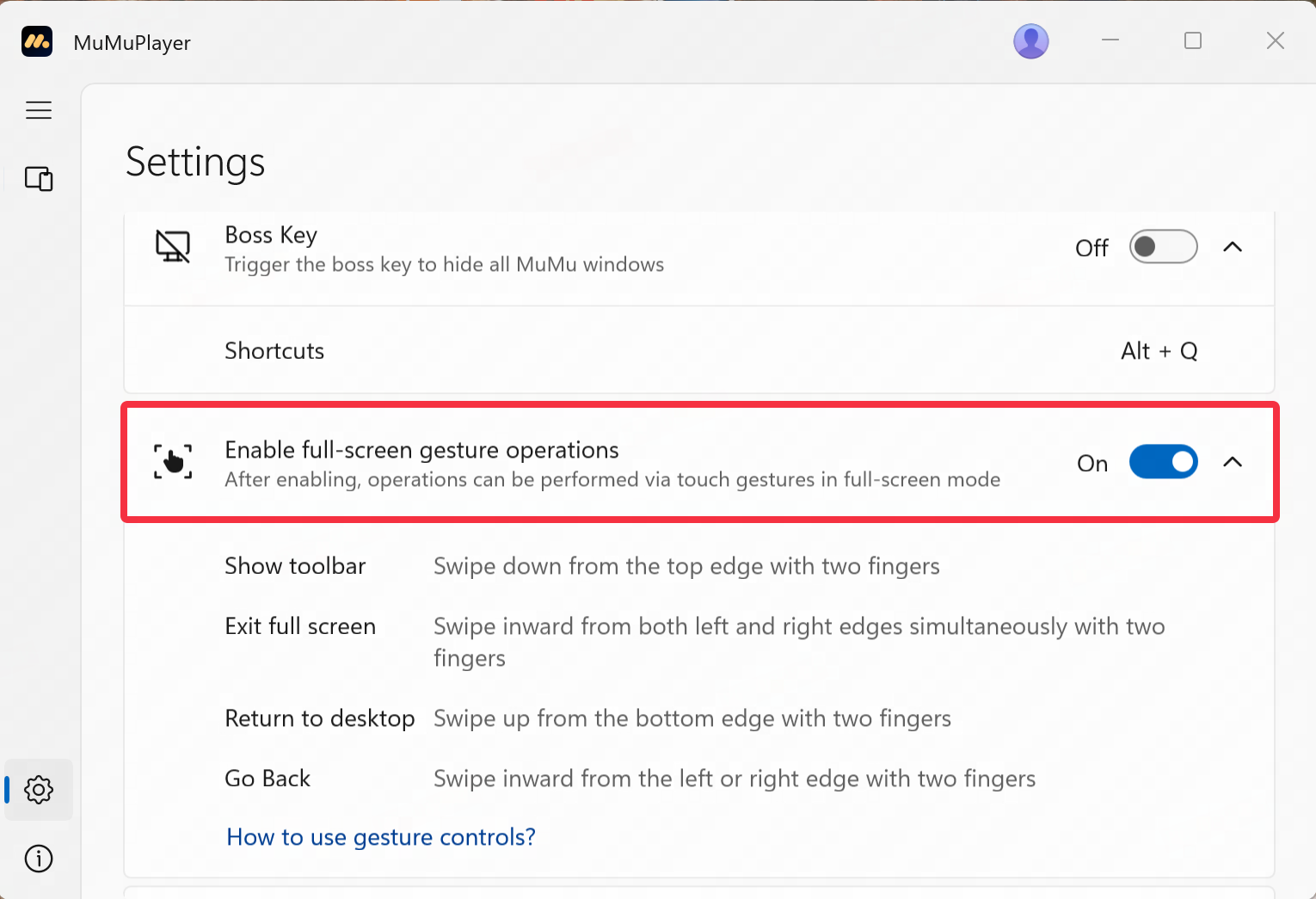 Full-Screen Gesture Toggle MuMuPlayer
